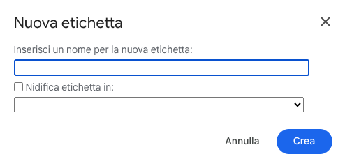 Schermata Crea Etichetta con Gmail